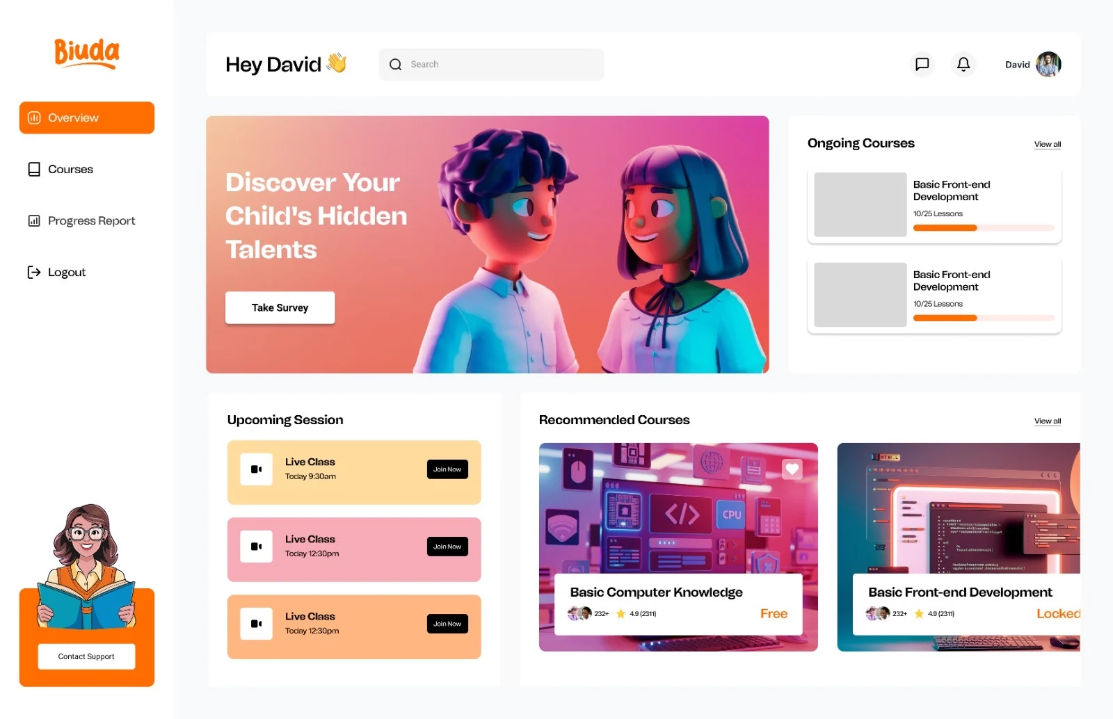 Biuda learning platform desktop dashboard showing courses, progress and live classes
