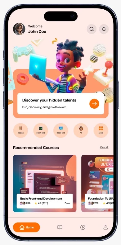 Biuda mobile learning app showing recommended technology courses